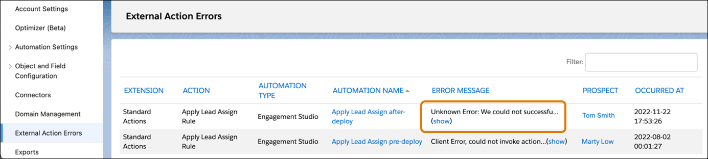 External Action Errors