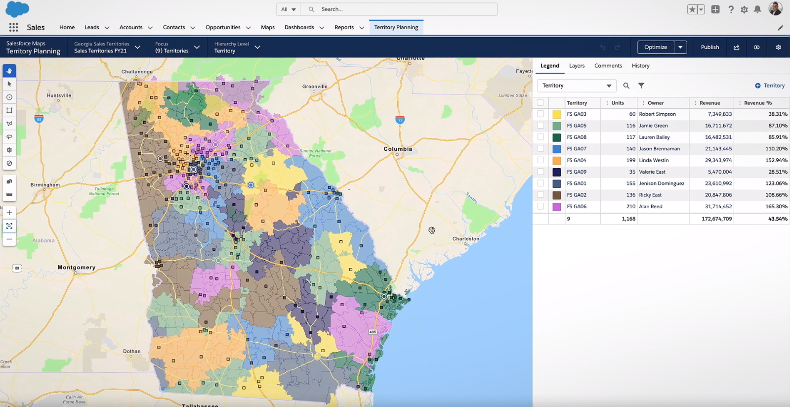 Mapped view of a sales territory distribution in Salesforce Maps Territory Planning.
