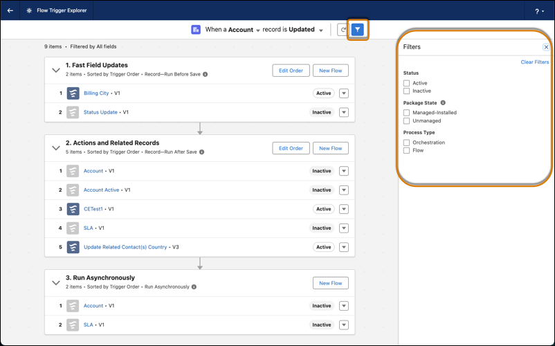 Utilizar filtros para buscar flujos desencadenados por registros con rapidez