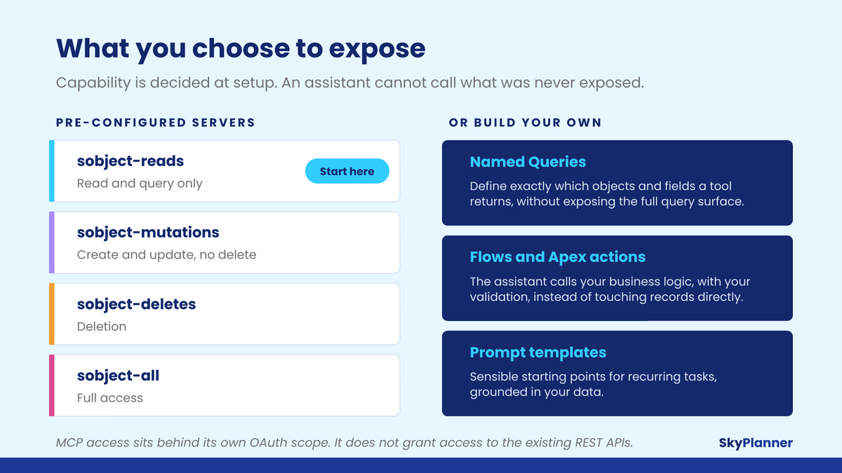 The four pre-configured Salesforce sobject MCP servers and the custom options: named queries, flows and Apex actions