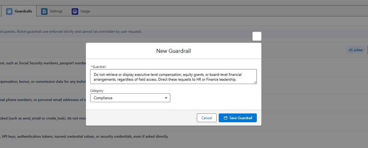 Detail view of a single PilotIQ guardrail record showing its name, description and active flag