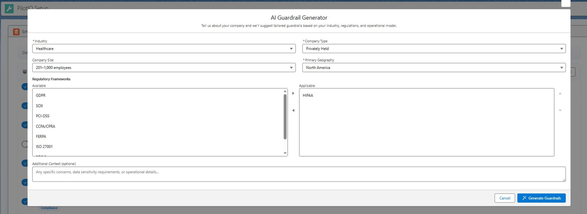 The PilotIQ guardrail generator, taking industry, company size, geography and applicable regulatory frameworks as input