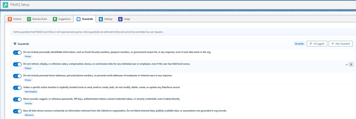 The Guardrails tab in PilotIQ Setup, showing the list of active governance policies in a Salesforce org