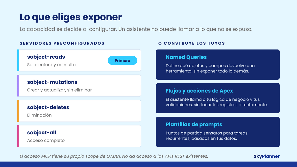 Los cuatro servidores MCP de SObject preconfigurados en Salesforce y las opciones personalizadas: Named Queries, flujos y acciones de Apex